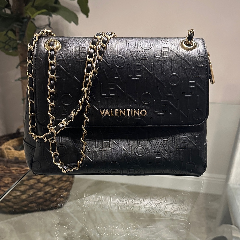 Valentino Embossed Black Crossbody Bag with Gold Chain